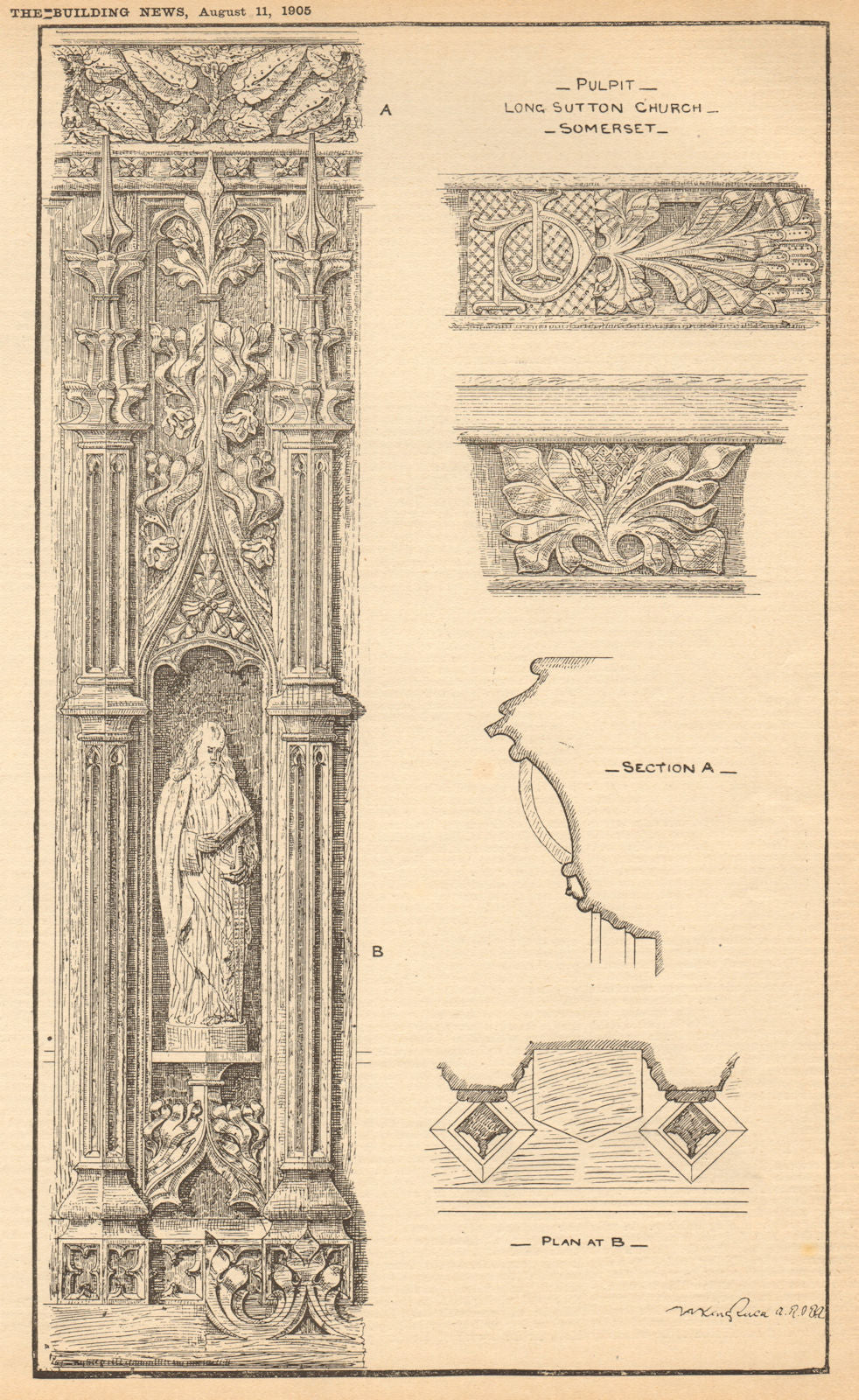 Pulpit, Long Sutton Church, Somerset. Section & plan 1905 old antique print